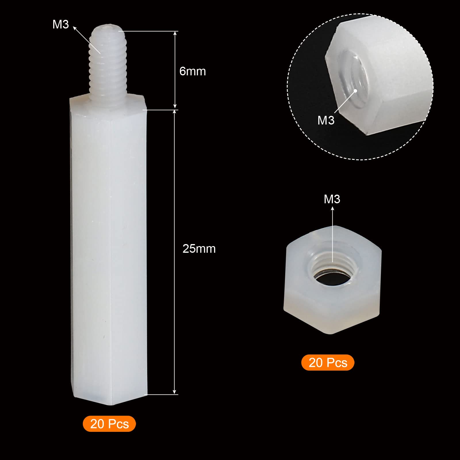PATIKIL M3 Distanziale Viti 40pz Nylon Esagonale PCB Distanziali Dadi per Schede Madri, Computer Custodie, Circuito Schede, Elettronica, (25mm+6mm, Bianco)