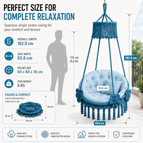 Image of Premium King Size Hammock Chair Swing with Cushion, 200kg Capacity | Indoor Outdoor Heavy Duty Adults & Kids Hanging Jhula for Home, Garden, Patio & Balcony | 1 Year Warranty (Sky Blue)