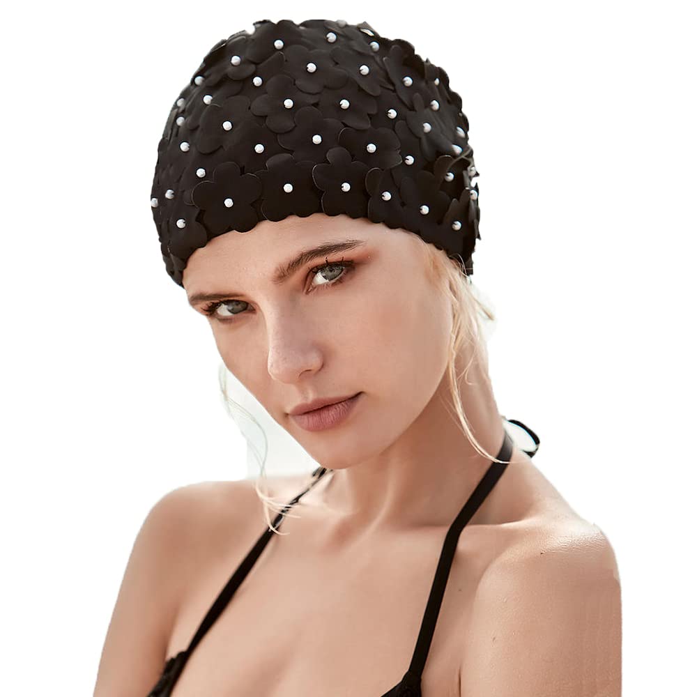 Women Retro Swim Cap, Floral Petal Bathing Cap Long Short Hair Elastic Swimming Turban with Flowers & Pearls