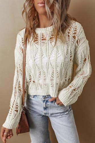 Casual and Comfortable Long Sleeve Sweater - White Cut Out Crochet Pattern3
