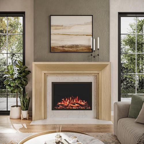 Image of Modern Ember Everly Wood Fireplace Mantel Surround Kit in Whitewash | 56 inch x 42 inch Opening | 80 inch x 54 inch Overall | Modern Picture Frame Design | Includes White Oak Wooden Mantel Surround & Shelf