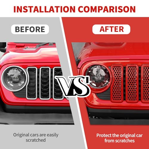 Image of 9PCS Headlight Cover & Front Grill Mesh Inserts Compatible with Jeep Wrangler JL JLU 2024-2025, NOT FIT JL Sport /Sport S (Red)