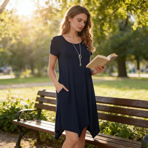 Image of Women Casual Loose Soft Crewneck Short Sleeve Pockets Swing T-Shirt Dress