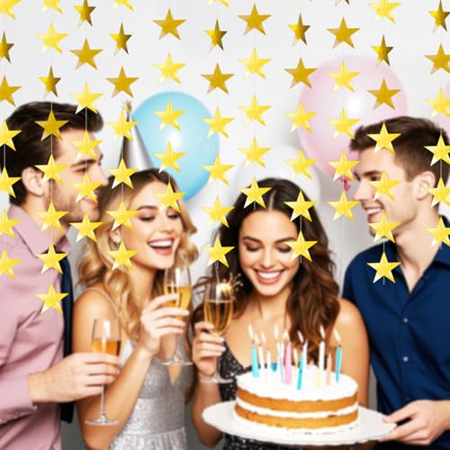 Image of Glitter Star Garland Banner Decor 130 Feet Gold Star Garland Hanging Bunting Banner Backdrop for Graduation Wedding Birthday Holiday Party