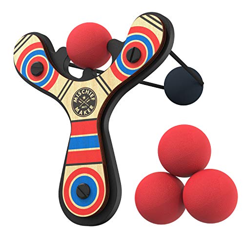 Mighty Fun Mischief Maker Wooden Toy Slingshot Real Wood and Soft Foam Balls (Red Classic)