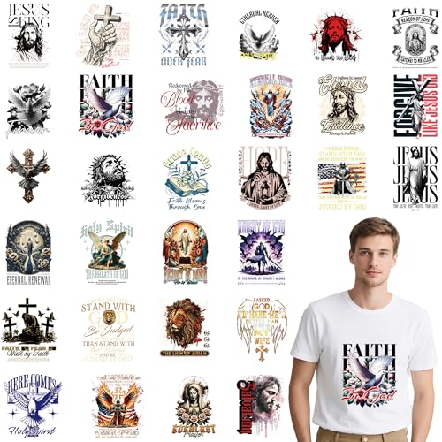 MOIZYNG 30 Sheets Christian Iron on Transfers for T-Shirts, Jesus Faith DTF Transfers Ready to Press Heat Transfers Vinyl, Religious Iron on Patches for Men Clothes Bag Pillow Covers DIY Crafts