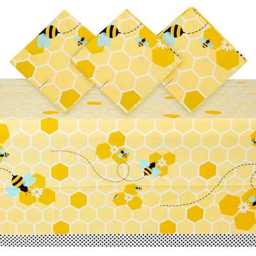 Image of BLUE PANDA Bee Tablecloth Set 3-Pack - 54 x 108 in Multicolor Plastic - Disposable Bee Party Supplies Table Cover for Birthday, Baby Shower & Gender Reveal - Bumblebee Honeycomb Party Decorations