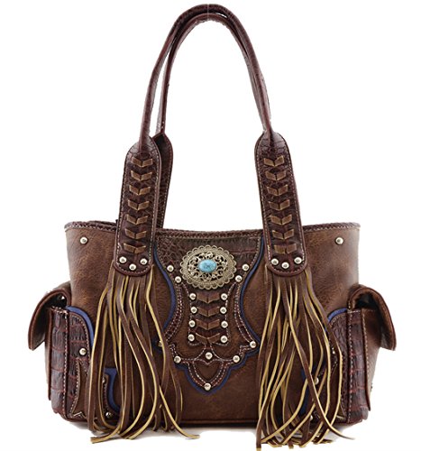Western Style Concealed Carry Country Fringe Purse Handbag Shoulder Bag Wallet Set Brown2