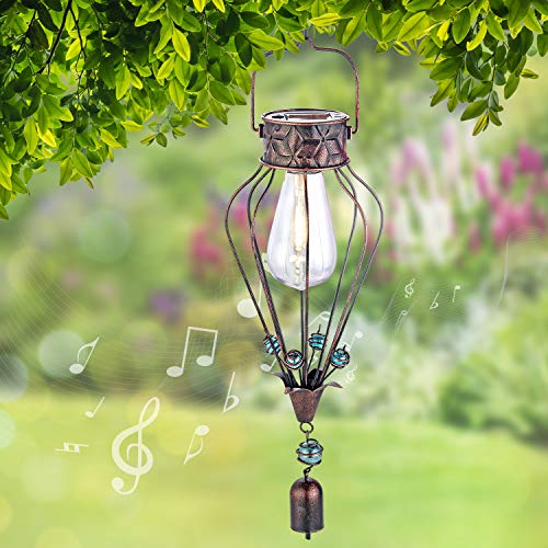 Hanging Solar Lantern Lights Outdoor Decorative for Garden Yard Patio Porch. Garden Decor Solar Powered, with Wind Chime & Filament Bulb