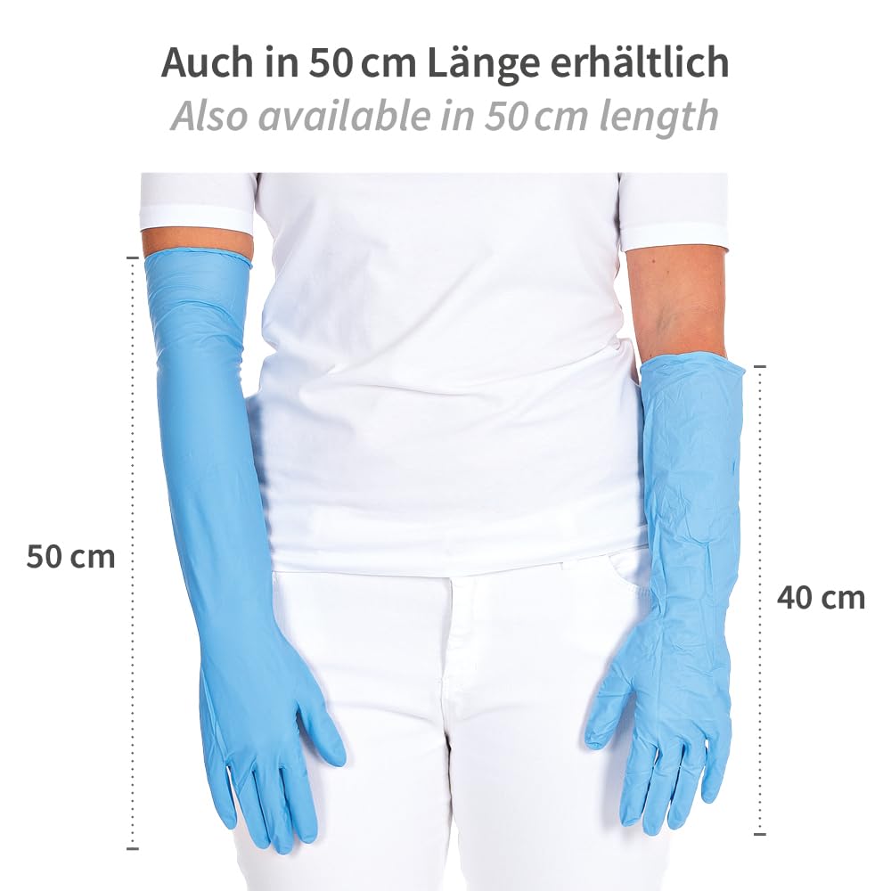 FRANZ MENSCH 50 pezzi Guanti in nitrile Hygostar Extra Safe Superlong, 40 cm | senza polvere, confezione, blu, 7/S, L: 40cm, guanti in nitrile, guanti protettivi, guanti monouso