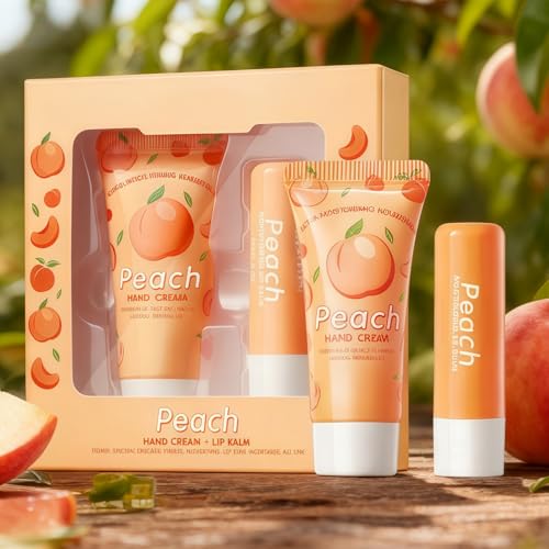 hand cream & lip balm set gift set, handcream & lip balm set gifts for women - Nourishing Hand Cream & Lip Balm, Moisturizing for Dry Skin & Lips, Daily Care (2PCS) (Peach)