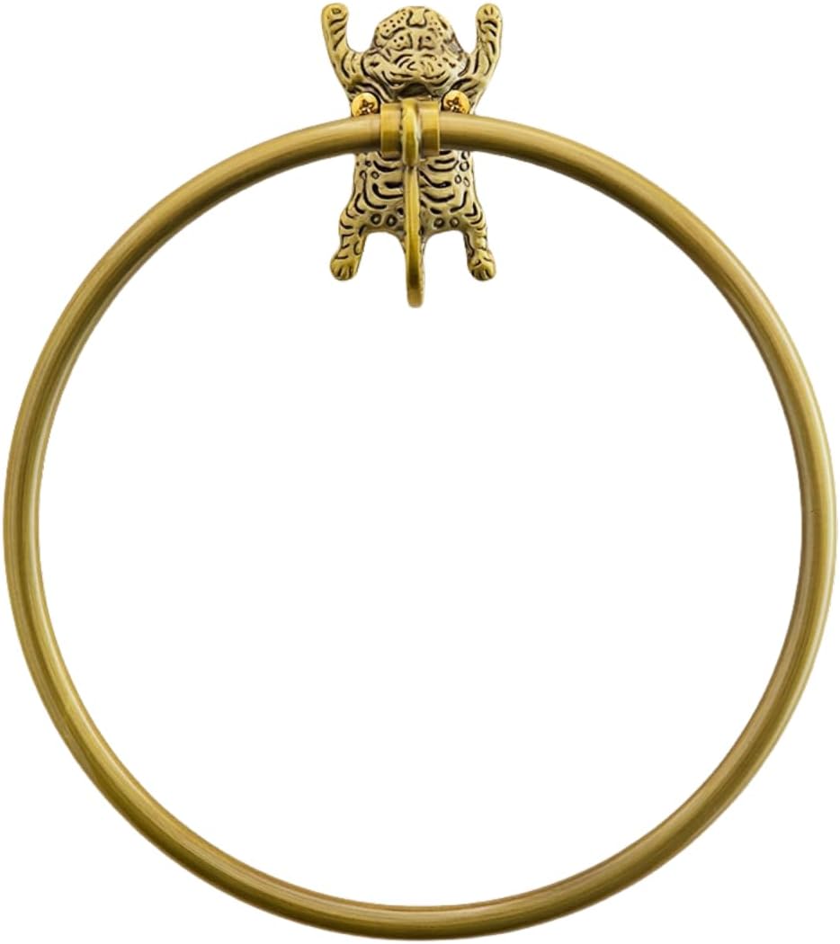 Vintage Gold Brass Towel Ring with Tiger Design,Decorative Wall Mounted Antique Hand Towel Holder for Bathroom,Toilet,Kitchen (Gold)