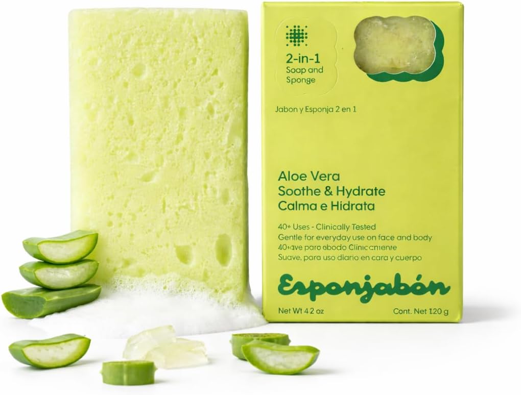 T.Taio Esponjabon Aloe Vera Soap Sponge - Gentle Shower Scrubber - Cleaning Bath Wash Scrub - Dirt & Oil Removal - Massage & Lather Foot, Elbow, & Face - Bathroom Accessories - Fresh Aloe Vera Scent
