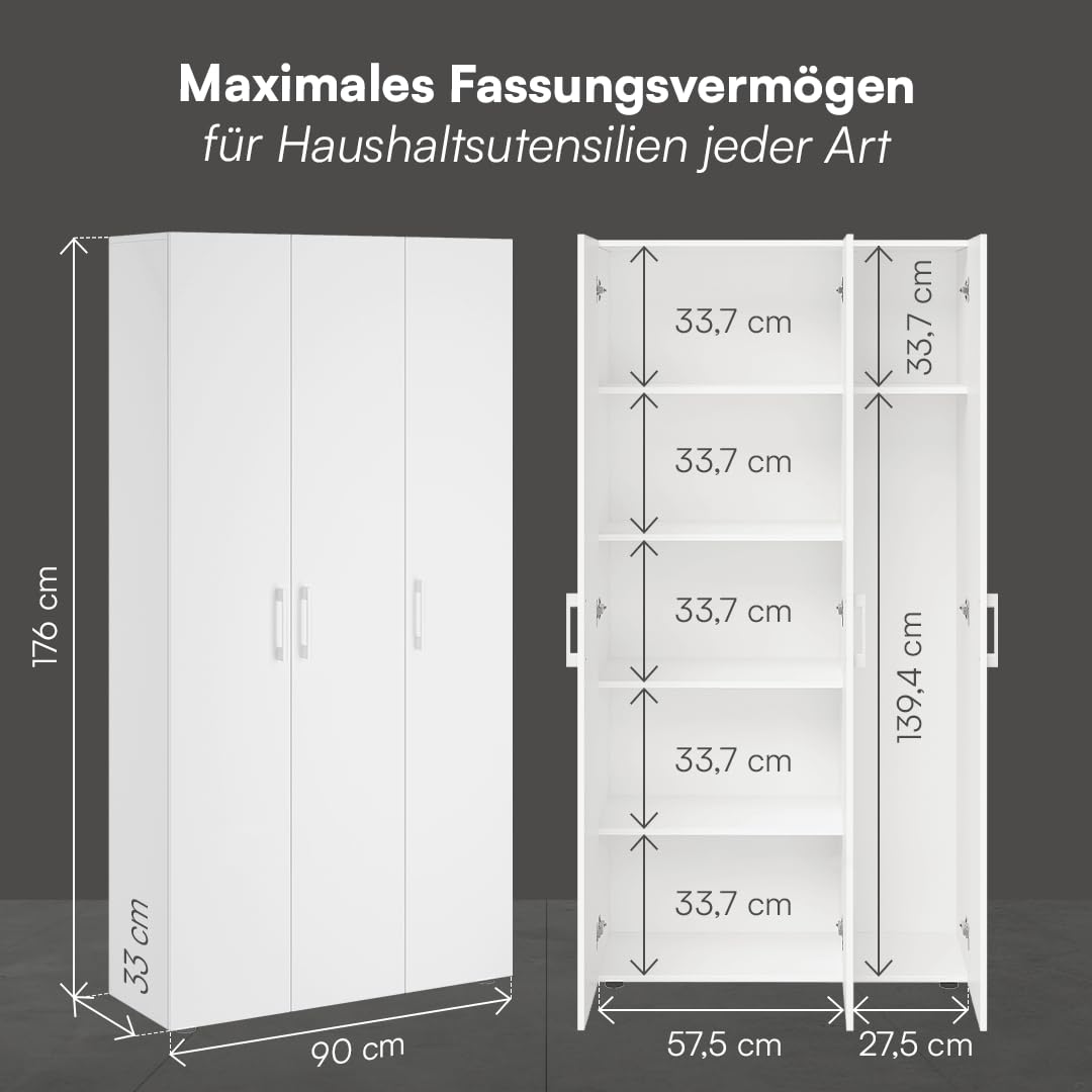 Bellamio Apol Mehrzweckschrank Weiß – Besenschrank 90 cm breit mit Stauraum – Putzschrank mit Staubsaugerfach – Vorratsschrank Küche - Aktenschrank aus Holz - Flurschrank – Aufbewahrungsschrank