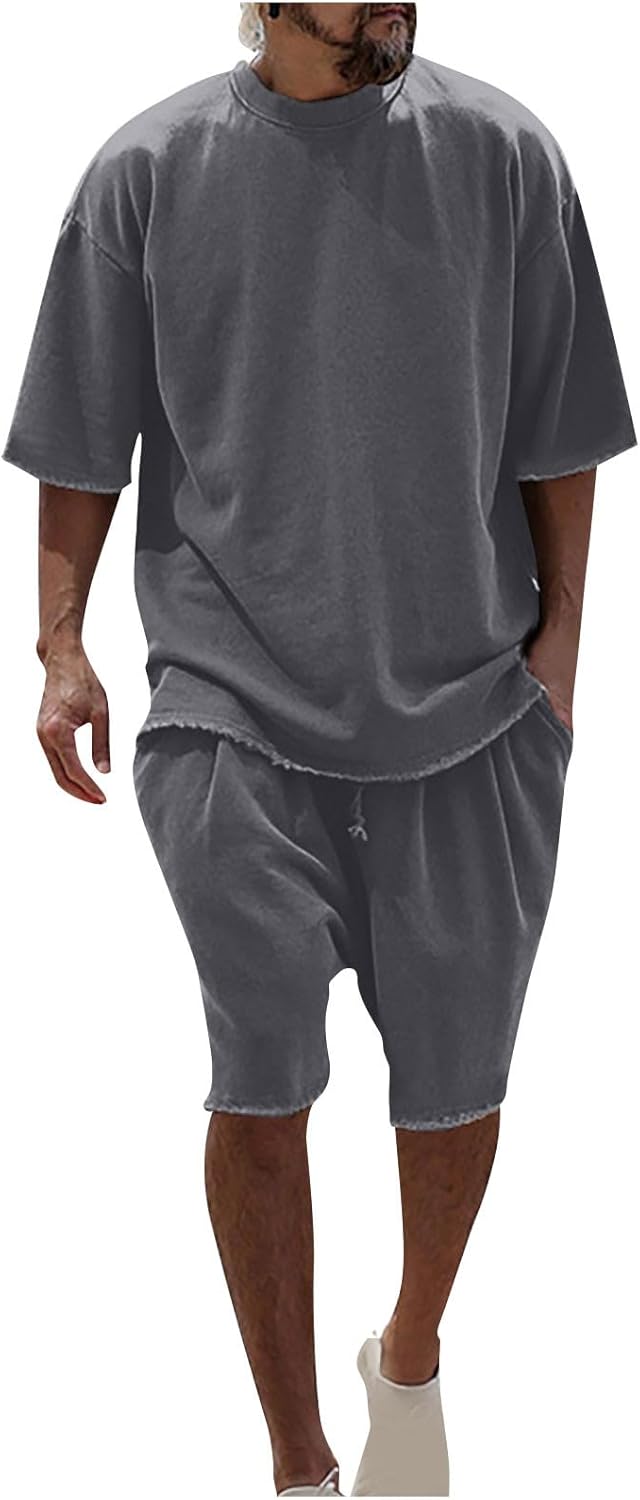 Men’s 2 Piece Outfits Casual Tracksuit Cargo Shorts Summer Athletic Drop Shoulder Sleeve Sportwear Set Round-Neck Solid Suits