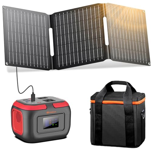 Image of Portable Power Station with Solar Panel, 120W Solar Power Bank with AC Outlet Camping 110V Outlet Power Pack Fast Charging for Laptop Smart Devices RV VanLife Hiking Fishing with Solar Charger