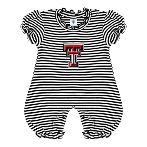 Image of Creative Knitwear College Baby Striped Puff Sleeve Romper - Texas Tech Red Raiders Logo - Black/White - 6-9 Months