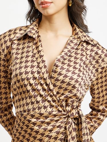 Image of FableStreet Women's Casual Shirt Collar Printed Polyester Midi Dress