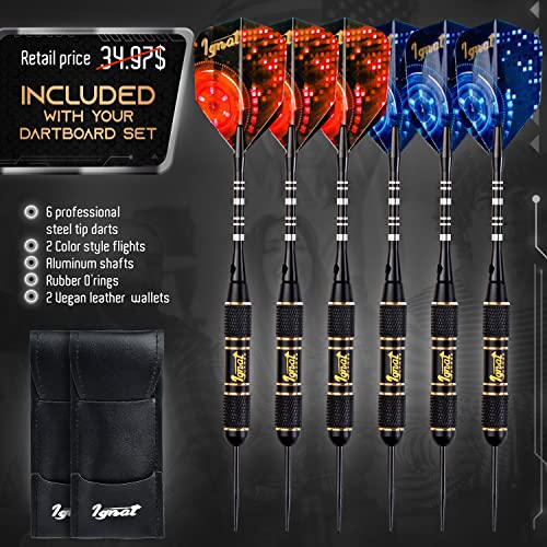 Ignatgames Dart Board Professional Set - Competition Size Kenyan Sisal Dart Board For Adults With 6 Professional Steel Darts - Staple-Free Ultra-Thin Wire Spider Dartboard + Accessories & Mounting Kit #TOP2
