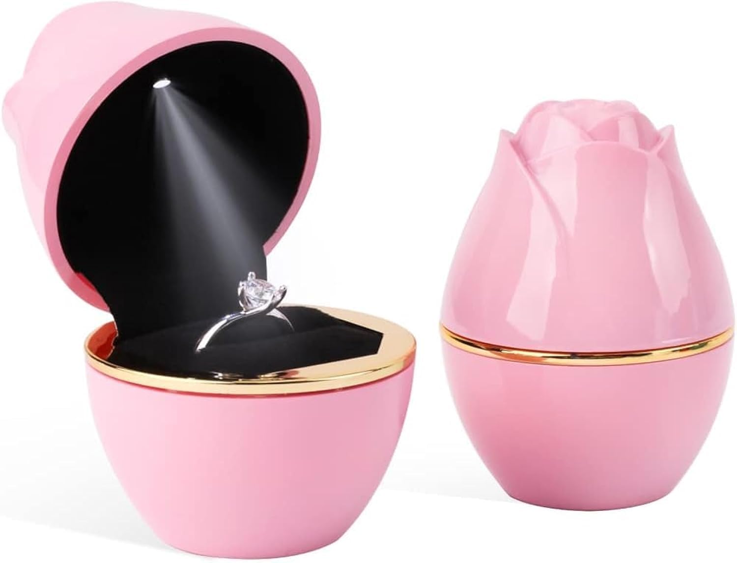 ECVV Portable 3D Ring Box, Rose Shaped LED Rings Boxes, Jewelry Box Wedding Ring Box with Lights Jewelry Display Gift Boxes for Women | PINK |