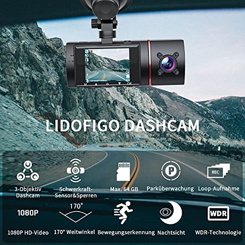 Lidofigo Dashcam 1080P für Auto mit Front- und Rückkamera