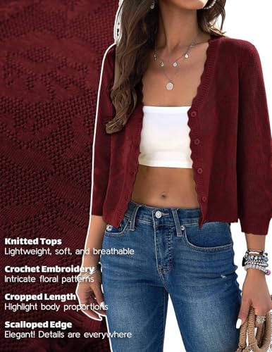Image of Women Crop Cardigan Sweaters Lightweight 3 /4 Sleeve Button Up Crochet Shrug | Textured Bolero For Dresses Dressy Casual, V Neck, Ladies Eyelet Shawl Thin Trendy