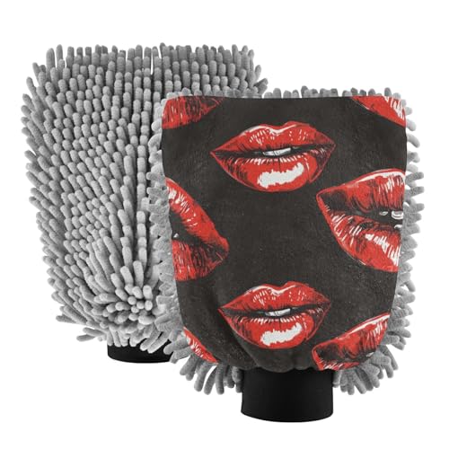 ALAZA Red Lips Car Wash Mitt Scratch Free, 2 Pack Absorbent Microfiber/Chenille Washing & Drying Mitts, L