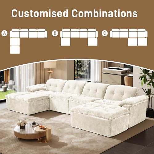 Image of 157 inch Oversized U Shaped Sectional Cloud Couch, Large Modern Cloud Sectional Couch with Ottoman, Chenille 6 Seat Sofa Set, Modular Sectional Sofa for Living Room, No Assembly Required, Beige