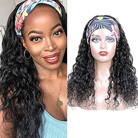 Ladiary 18Inch Human Hair Headband Wig Water Wave Wigs No Lace Front For Black Women Unprocessed Brazilian Virgin Hair Curly Wave Wig Natural Hairline Glueless Wig Headbands Full Hair Wig 150%Density Cover