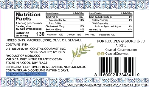 Coastal Gourmet Mackerel Fillets, Skinless & Boneless, Olive Oil (Pack of 12)