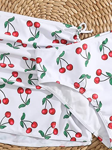 SHENHE Girl's 3 Piece Cute High Waisted Ruffle Trim Swimsuit Bikini Sets with Beach Skirt White-Cherry 8-9Y4