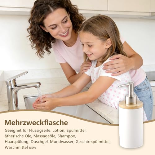 2 Teile Badezimmer Set Badezimmer Zubehör Set Keramik,und Bambus Badezimmer Accessoires Set,Zahnbürstenhalter, Seifenspender, Bambus Fach,Zahnputzbecher,Seifenspender mit Pumpe(400ML)