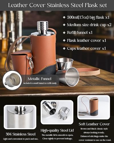 Miniatura 3 de Spdycess Petaca De Cuero Pu 500ml Petaca De Acero Inoxidable Con Embudo Y Tazas Portátil Botella De Licor Para Hombres Regalos De Senderismo Camping Esquí