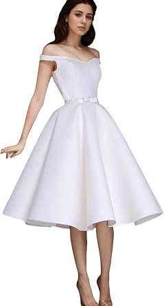 Womens Off The Shoulder Tea Lenght Wedding Dress for Bride Satin Midi A Line Simple Bridal Dress with Bow