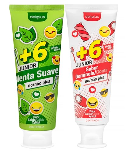 Pack de 2 Dentífricos Infantiles +6 años, Gel con Flúor para Cuidado del Esmalte, Sabores Menta Suave y Gominola, 2 x 75 ml.