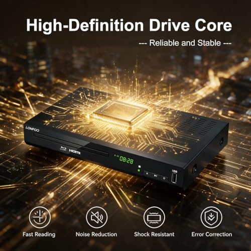 Image of LONPOO 1080P HD Blu-Ray DVD Player for TV (Metal Enclosure) | Home Theater CD DVD Blue Ray Player, Built-in PAL /NTSC, HDMI /AV Cable /Remote Control Included (Metal Enclosure)