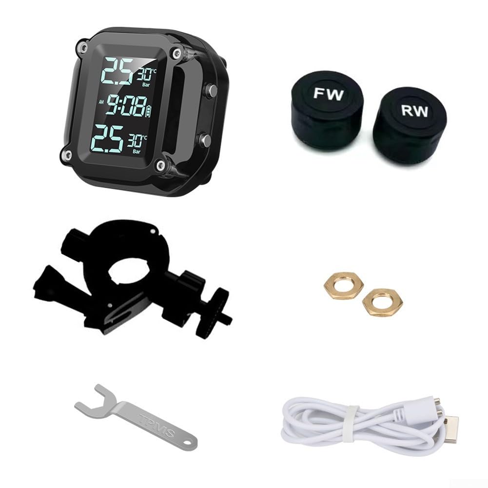 Monito - Monitoraggio della pressione degli pneumatici impermeabile con display LCD e 2 sensori esterni per moto, senza fili, angolo regolabile