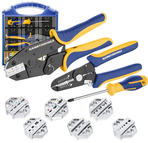 Image of haisstronica Crimping Tool Set, 6PCS Dies Wire Stripper and Screwdriver | Interchangeable Dies, AWG Markings, Custom-Fit Storage, Secure Jaw Retention, At-a-Glance Inventory, Electronics Repairs