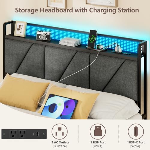 Image of Furnulem Full Size Bed Frame with 2 Storage Drawers & Upholstered Headboard | Metal Platform Bed with Storage Shelf, Charging Station, LED Lights and Heavy-Duty slats, No Spring Box Needed, Noise-Free