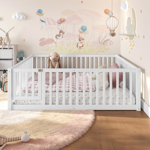Image of Bellemave Full Size Kids Montessori Floor Bed with Door,Solid Wood Floor Bed Frame with High Fence for Girls,Boys,White