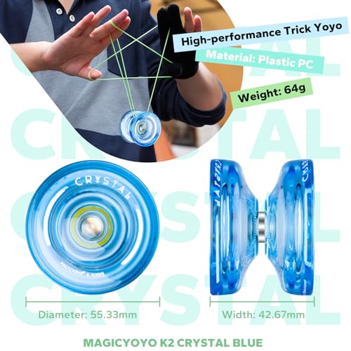 Image of MAGICYOYO K2 Crystal Plastic Yoyo for Kids 8-12 & Beginners, Durable PC Responsive Yoyo Professional with Finger Spin Hub, Includes 12 Yo yo Strings, Glove & Bag (Crystal Blue)