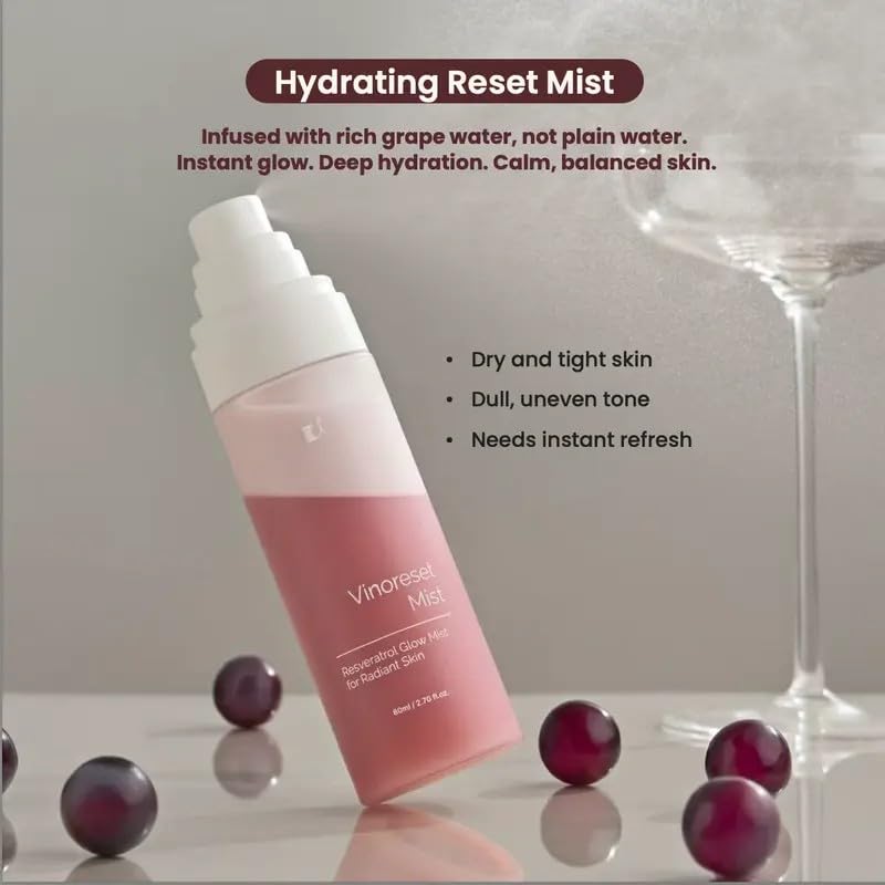 KI Vinoreset Mist Resveratrol Glow Mist for Radiant Skin - Resveratrol Infused Hydrating Mist for Daily Use Moisturizer Moisture 80ml / 2.70 fl.oz.