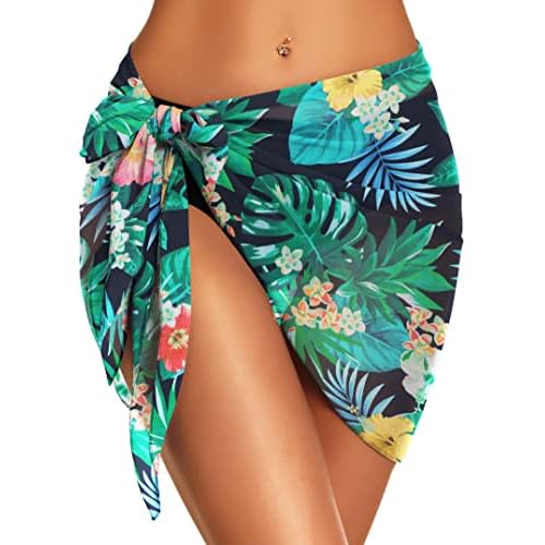 Swimsuit Coverups for Women Sarong Beach Bikini Wrap Sheer Short Skirt Chiffon Scarf for Swimwear (Green Floral Leaf,S)