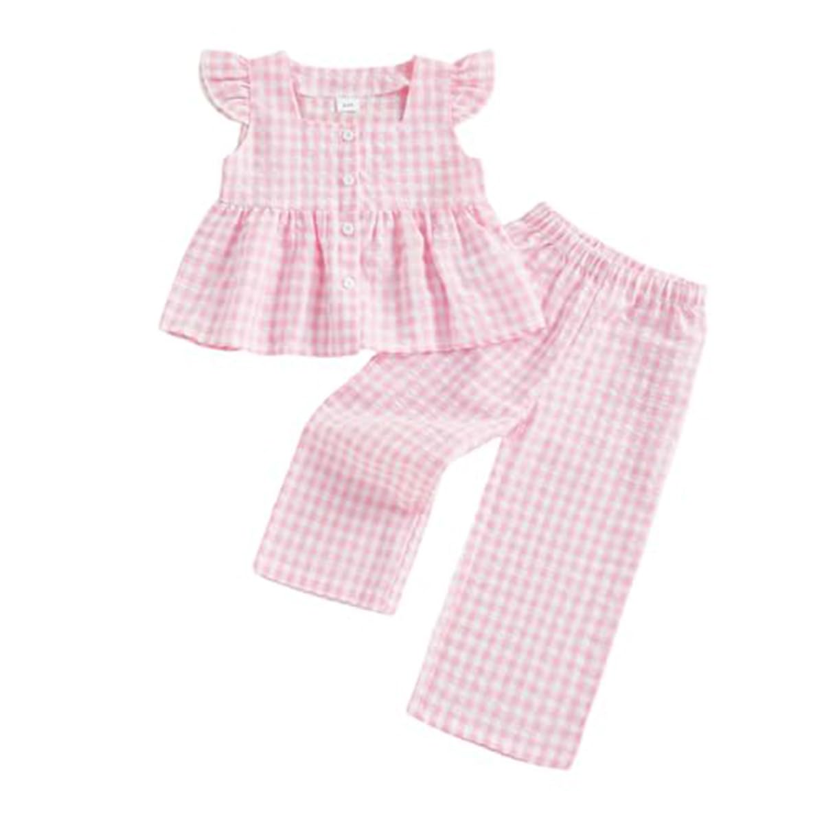 Conjunto Verano para Niñas Pequeñas Color Liso/Cuadros Sin Mangas Con Volantes Camisetas y Pantalones Anchos de Lino Ropa Infantil de Primavera - 1