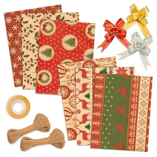 Üka • Papel Regalo Navidad + Accesorios. Pack 6 Hojas de 50x75 cm. Papel para Regalos Medianos y Pequeños. Papel de Regalo Kraft con 10 Lazos Decorativos, 20 m de Cuerda Yute y Cinta Adhesiva.