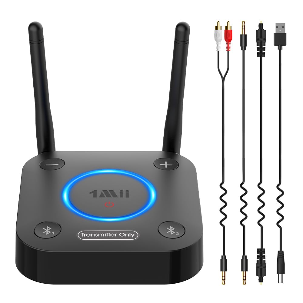 [Upgraded]1Mii B06TX Bluetooth 5.3 Transmitter for TV to Headphones, Long Range Bluetooth Audio Transmitter w/Volume Control, Digital Optical TOSLINK Coaxial RCA 3.5mm Audio for TV, aptX Low Latency
