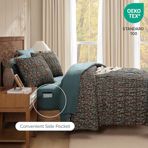 Full Size Comforter Sets-7 Pieces Puff Dark Green Floral Bedding Set for All Seasons, Shabby Chic Farmhouse Bed in a Bag Full with Floral Comforter, Sheets, Pillowcases & Shams