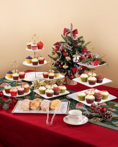 Lzerking 13pcs Dessert Table Display Set, 6 3-Tiered Cupcake Stands (3round & 3square) with 4 Trays & 3 Tongs, White Gold Plastic for Wedding, Tea Party, Baby Shower Decor, Birthday Party Decoration - Image 9