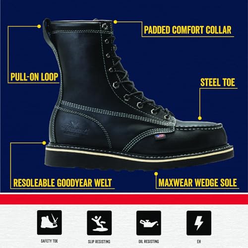 Image of Thorogood American Heritage 8 inch Steel Toe Work Boots for Men - Full-Grain Leather with Moc Toe, Slip-Resistant Wedge Outsole, and Comfort Insole; EH Rated