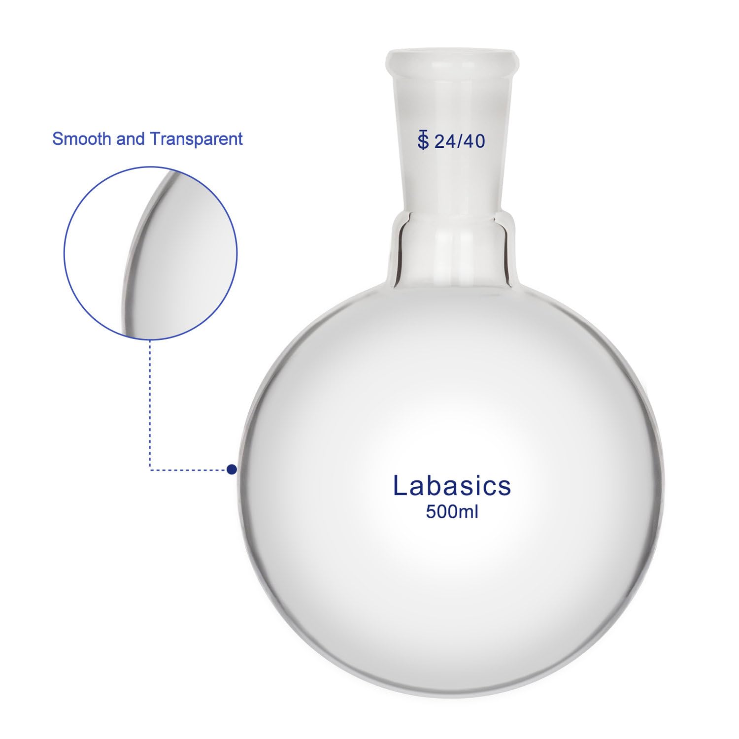 Labasics Matraz de Fondo Redondo de Vidrio, Matraz de Vidrio de Borosilicato de Pared Gruesa, Cuello Corto, Fondo Redondo, Boca Única, con Junta Exterior de Cono Estándar 24/40, 500 ml